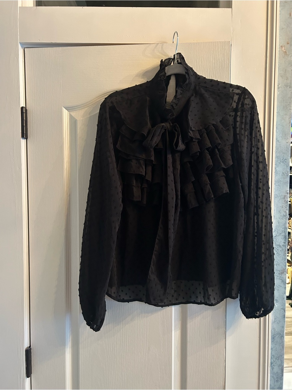 SHEIN Black Sheer Ruffle Tie-Neck Blouse